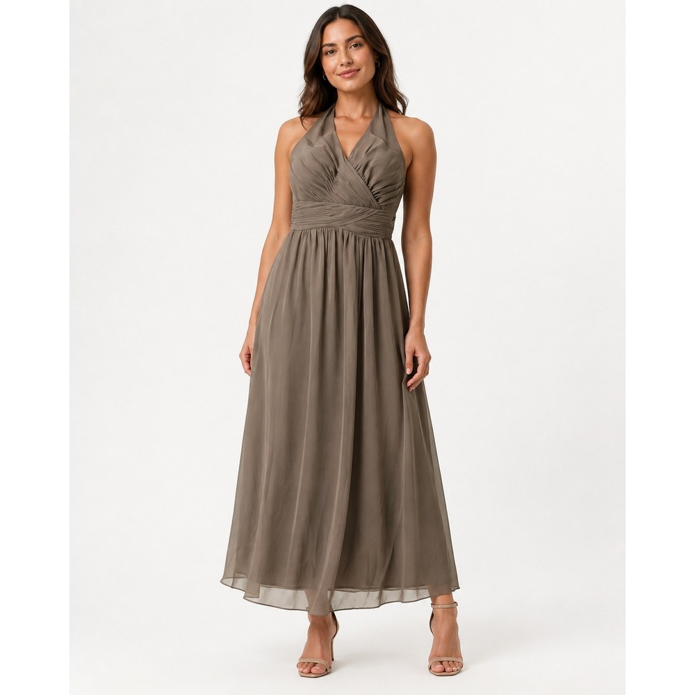 Pretty Maids Mocha Brown Halter Pleated Chiffon Maxi Gown Womens Size 14